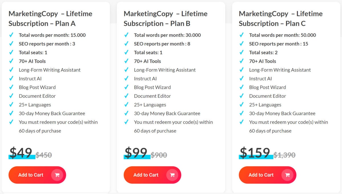 Marketingcopy Lifetime Deal Pricing