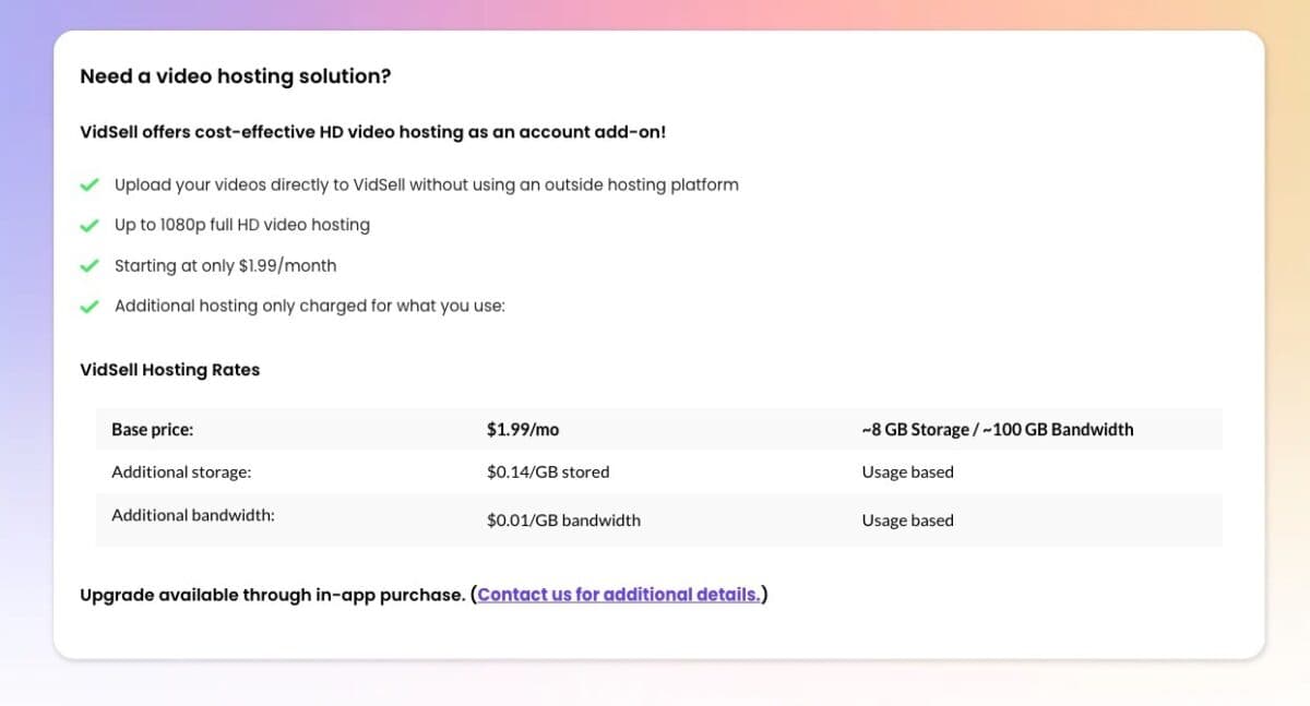 Vidsell extra pricing